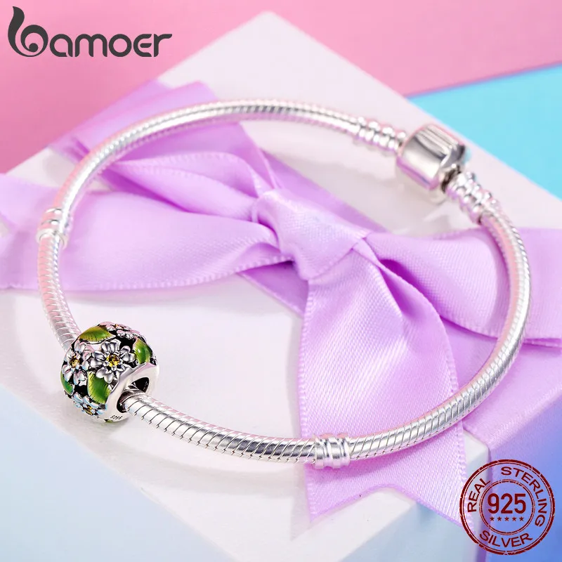 BAMOER, Новое поступление, подлинный, 925 пробы, серебряный, цветок ромашки, листья, шарм, бисер, подходит для браслета, сделай сам, для изготовления ювелирных изделий SCC490