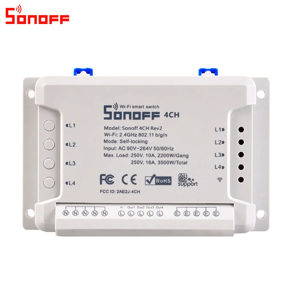 Itead Sonoff 4CH R2 умный Wifi переключатель 4 банды умный дом пульт дистанционного управления светильник переключатель din-рейка реле работает с Alexa Google Home