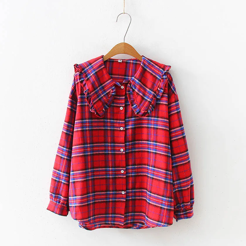 Red Plaid Новое поступление, Клетчатая блузка с рюшами и воротником в стиле Питера Пэна Милая одежда с рукавами-фонариками рубашка для девочек в стиле Mori топ свободного размера плюс в стиле ретро, T94101F - Цвет: Red Plaid