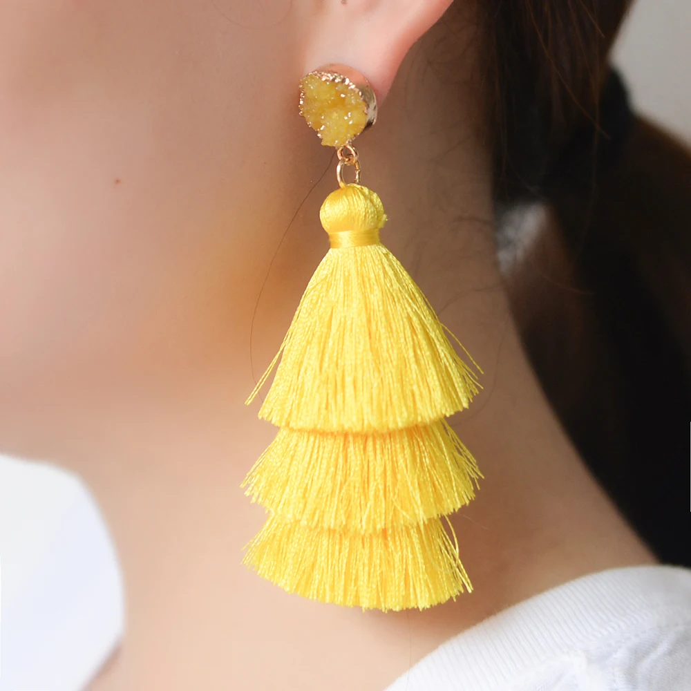 Богемные этнические сережки с кисточками Boho длинные многослойные шелковые