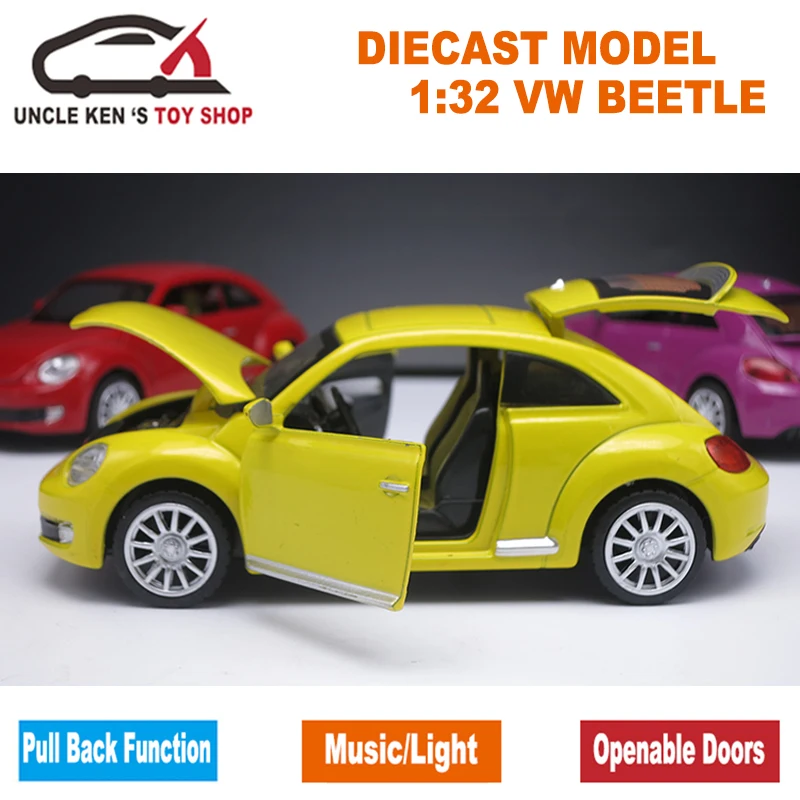 Масштабная литая Модель Коллекционная машина Beetle, подарок для мальчиков, металлические игрушки с открывающимися дверцами/функция оттягивания/музыка/светильник