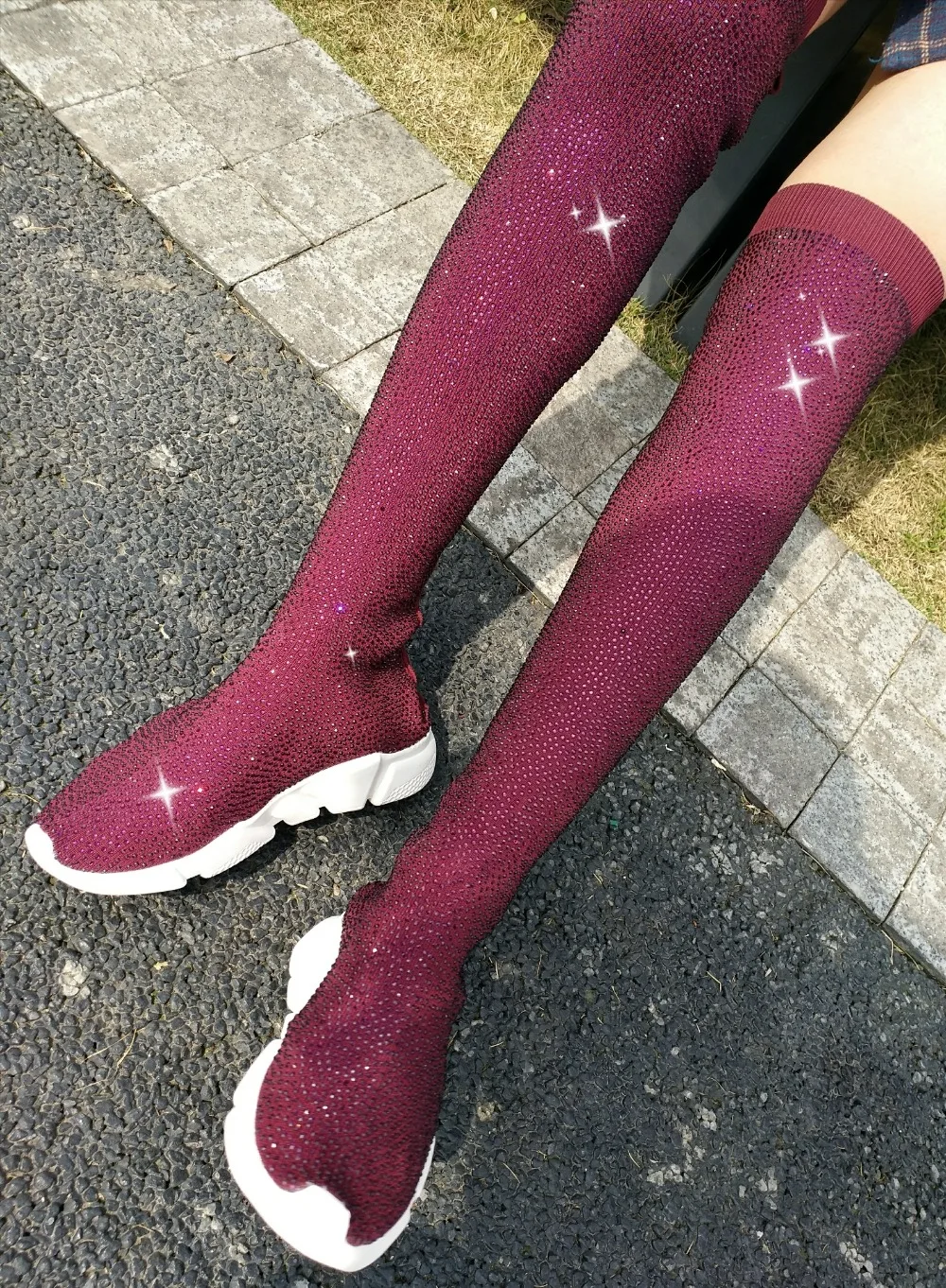 Новая модная повседневная обувь со стразами длинные эластичные носки Спортивная