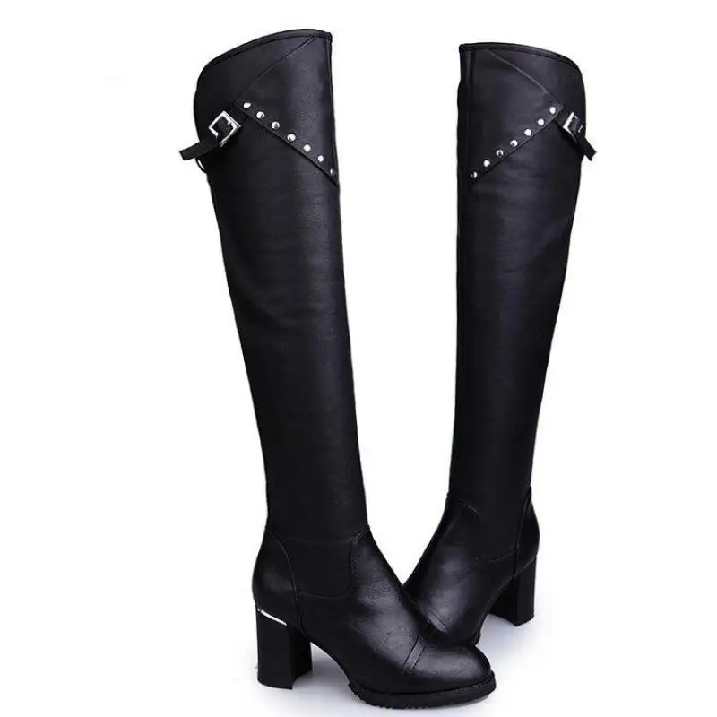 2017 New Autumn And Winter With Thick High-heeled Boots Female Knee Elastic Rivet Sleeve | Обувь
