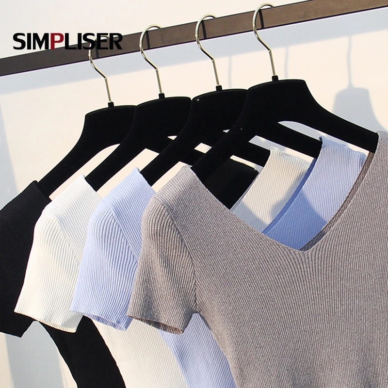 Thin Pullovers Women 2019 Summer Knitted Tees V-neck Short Sleeve Female Knitting shirts Ladies Stretch Tops White black blue | Женская