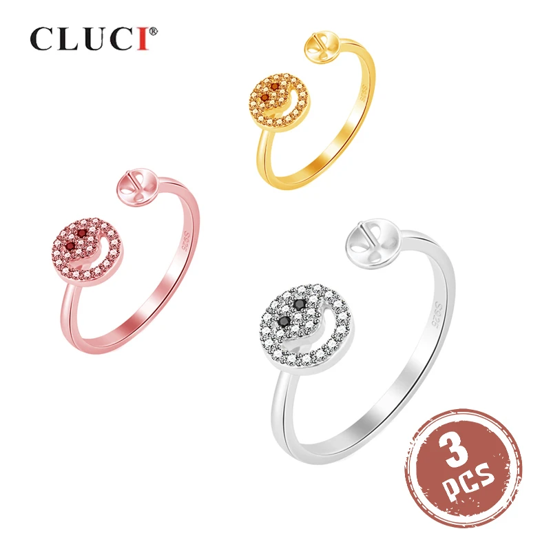 

CLUCI 3pcs 925 Sterling Silver Zircon Rings Women Pearl Ring Mounting Silver 925 Adjustable Ring Cute Smile Face Rings SR2178SB