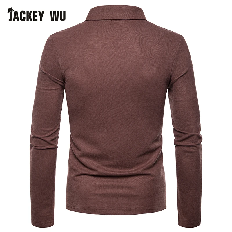 JACKEYWU Мужская рубашка поло Мода v-образный вырез с длинным рукавом футболки хлопок дышащий Тонкий мужской поло черный повседневный Camisa Polo