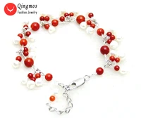 qingos trendy coral pearl bracelet for women with 5 6mm white round pearl and 3 6mm red coral 7 9 bracelet fine jewelry 385