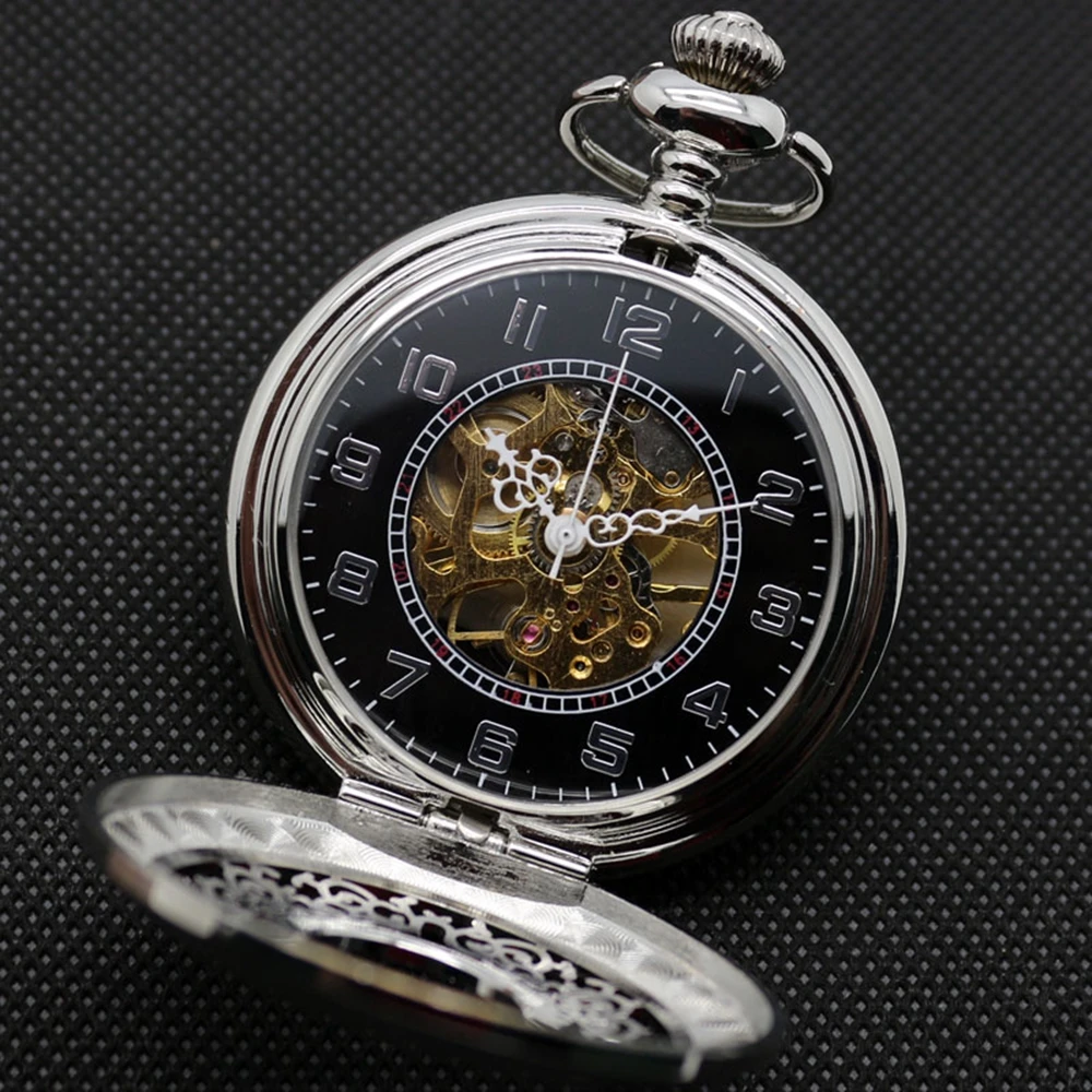 Antique Gift Set Skeleton Steampunk Mechaical Pocket Watch Hollow Carving Flower Pattern Pendant Clock + Gift Box Bag