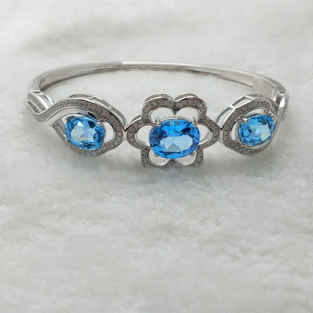 FLZB Big Flower Design 925 Sterling Silver Bangle 18k White Gold Plated with Good Color Natural Blue Topaz 12.8ct Women gift | Украшения и