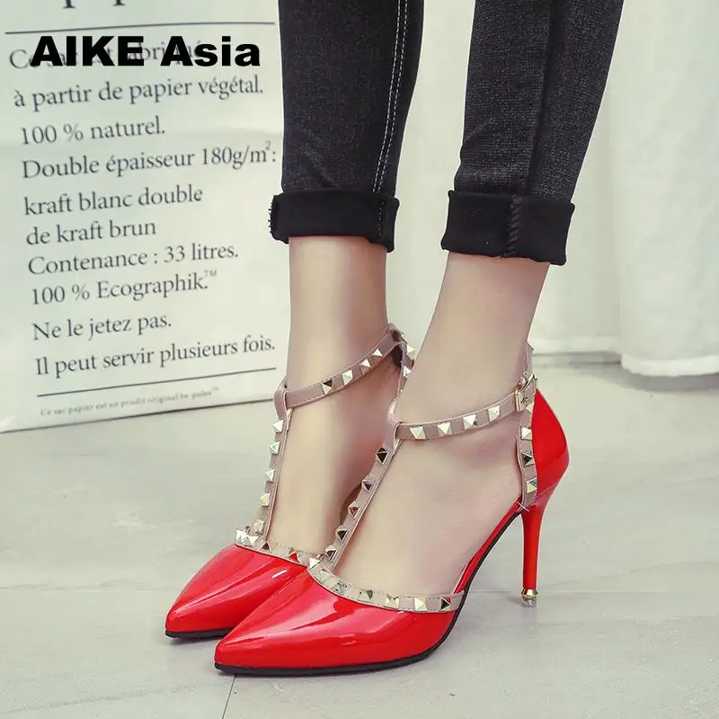 Aike Asia Новые женские туфли-лодочки летние модные, пикантные заклепки острый носок Свадебная вечеринка обувь на высоком каблуке женские босоножки zapatos mujer
