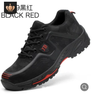 Black red Рабочая страховая обувь для мужчин, дышащие дезодорирующие безопасные рабочие туфли со стальным носком, анти-разбивающиеся, анти-пирсинг, обувь - Цвет: Black red