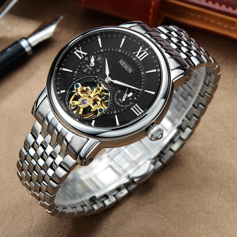 Швейцария Nesun полые Tourbillon часы Для мужчин Элитный бренд автоматические