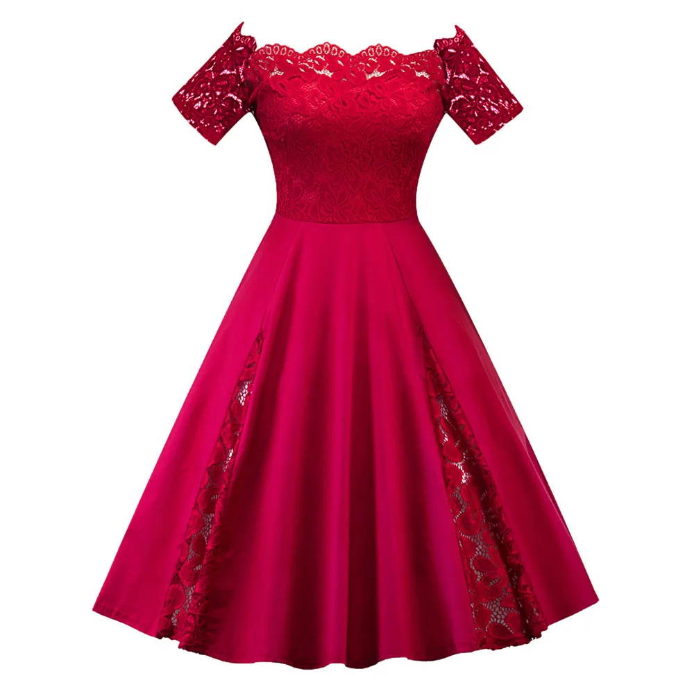 Fashion Women Plus Size Patchwork Short Sleeve Party Dress Lady pure color lace stitching sexy lace one-word shoulder dress 11.8 - Цвет: y