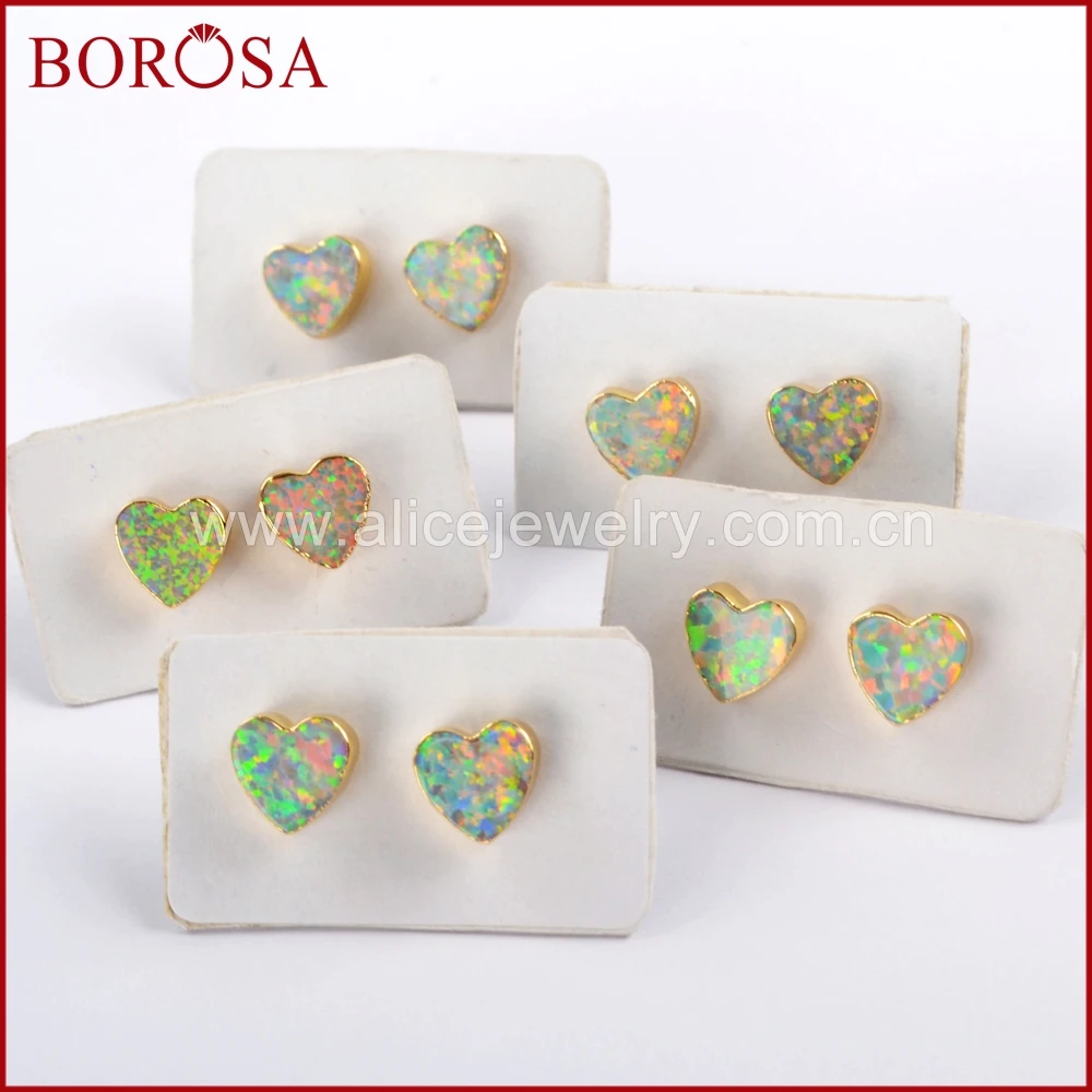 Женские серьги гвоздики BOROSA 5 пар золотые белые опаловые с сердцем искусственные