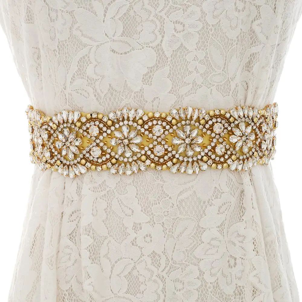 

Crystal Beads Rhinestones Bridal Belt Gold Wedding Dress Sash Belt For Wedding Long Diamond Dress A139G