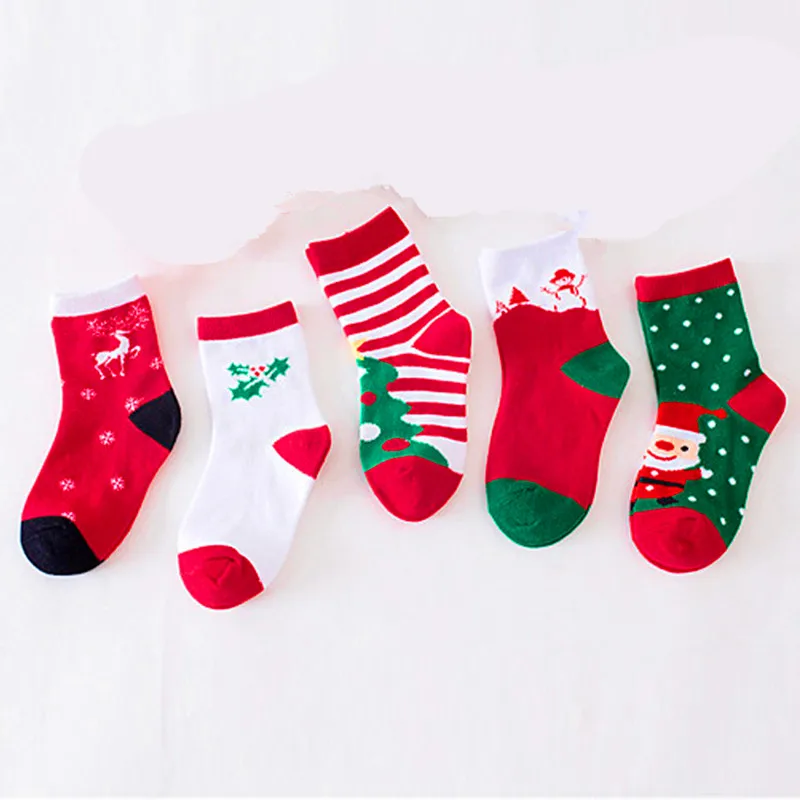 Color mixing 5Pair 5 пар/1 пара, хлопковые осенне-зимние детские носки для маленьких девочек и мальчиков полосатые махровые носки со снежинками, лосями, Санта Клаусом, рождественские носки - Цвет: Color mixing 5Pair