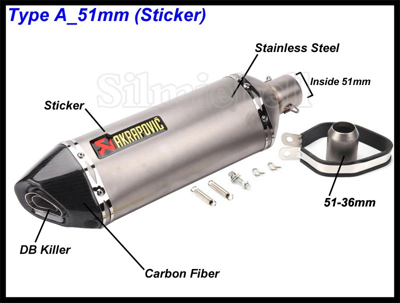 A-51mm (Sticker) Универсальный мотоцикл выхлопной модифицированный Akrapovic глушитель FZ6 CBR250 CB600 MT07 ATV Dirt Pit Bike выхлопной вход 51 мм 61 мм - Color: A-51mm (Sticker)