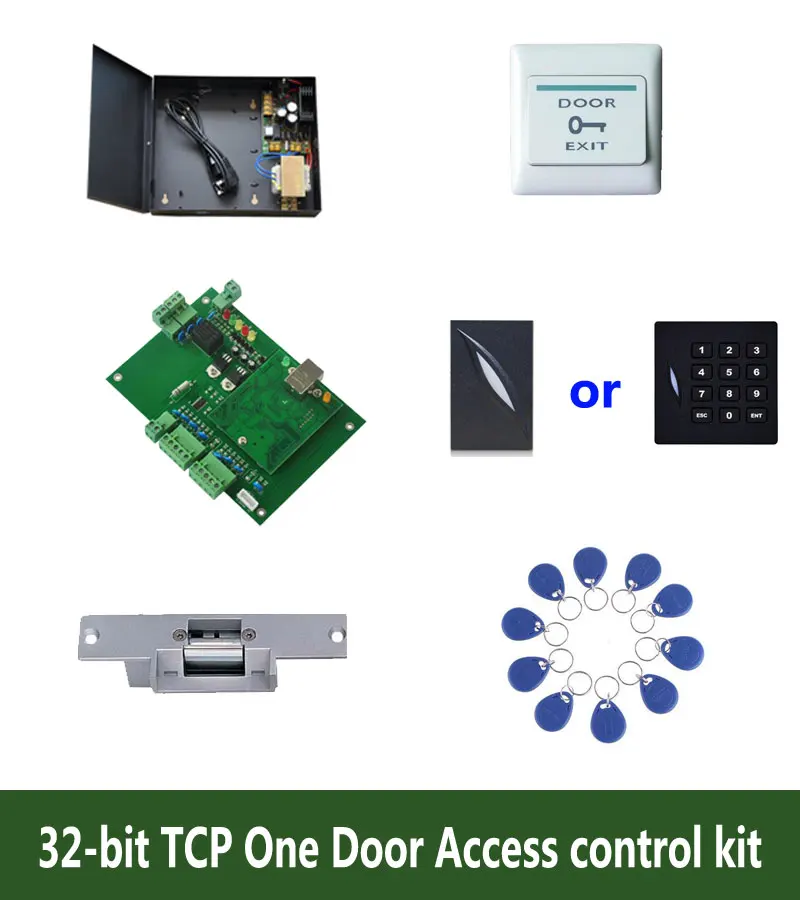 

RFID 32-битный комплект контроля доступа, однодверный контроль доступа TCP/Ip + Powercase + Strike Lock + считыватель ID + кнопка выхода + 10 идентификационных бирок, Sn:Kit-T01