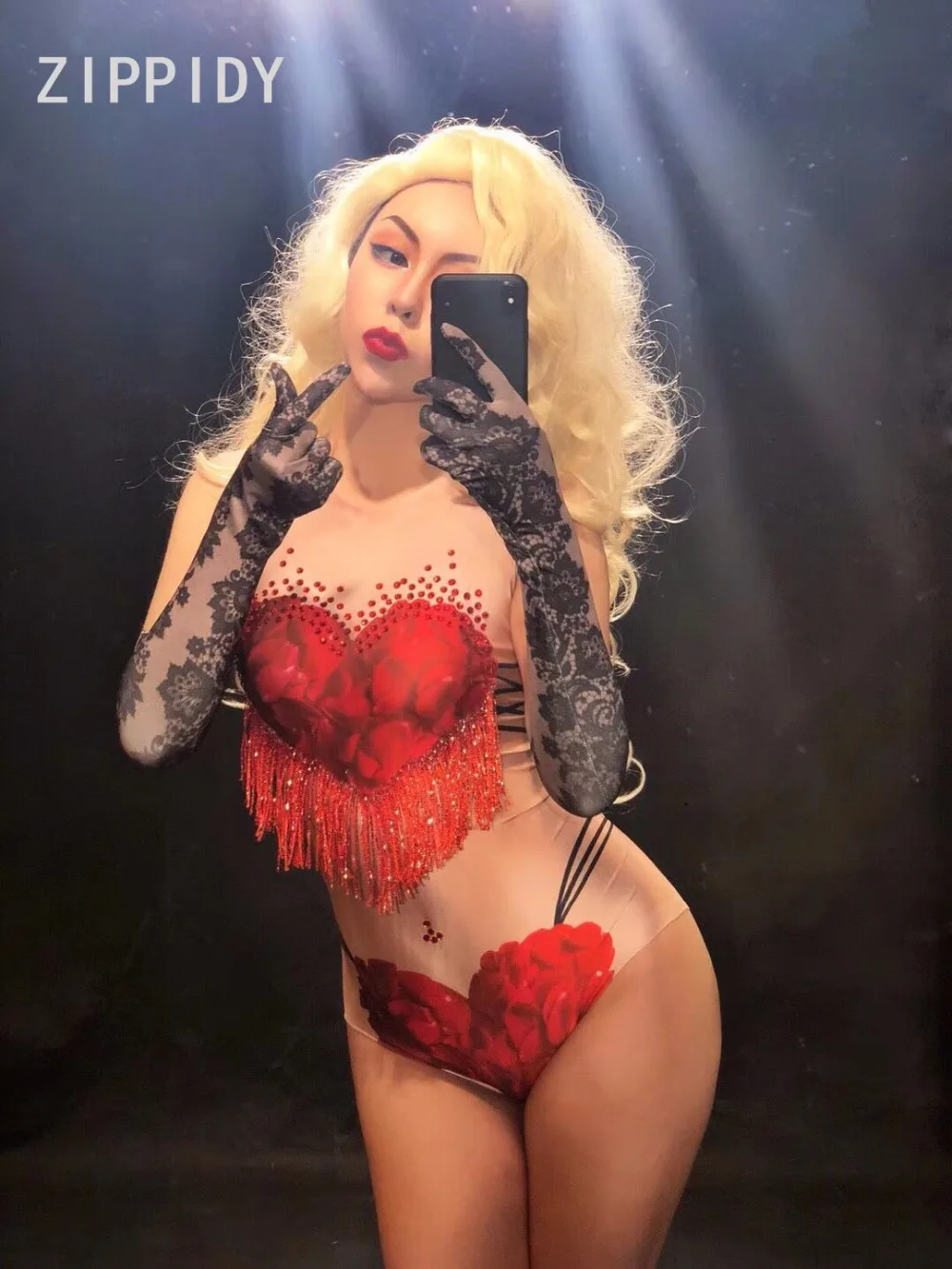 Sexy Red Tassel Rhinestones Flowers Printed Stretch Bodysuit Women's Dance Clothes Party Celebrate Stage Female Singer Leotard