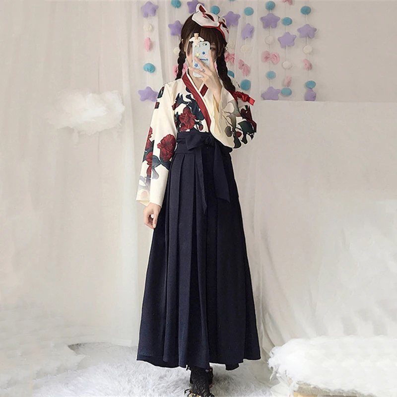 Кимоно в японском стиле для женщин, Taisho Girl Haori, модный топ с цветочным принтом и юбки, наряды, азиатская одежда, Camellia love