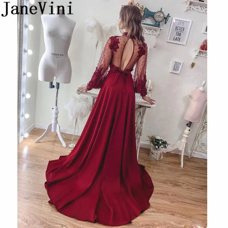 JaneVini с высоким воротом и длинными рукавами Выпускные платья Burgundy с жемчугом Иллюзия открытой спиной Вечерние платье развертки Поезд Атласное торжественное платье