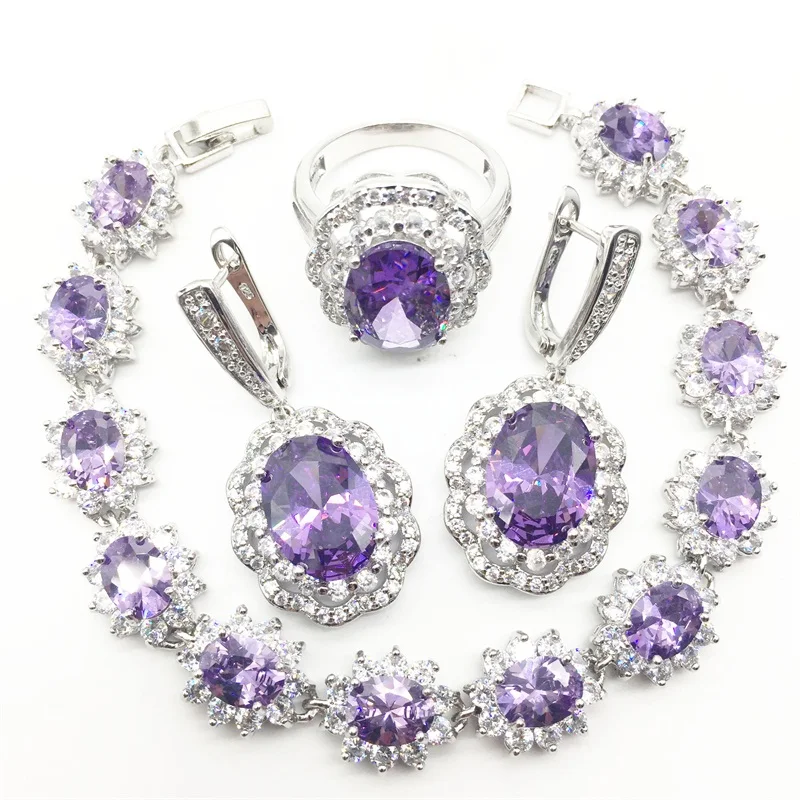 925 Silver Bridal Jewelry Purple Zircon Sets For Women Wedding Earrings/Pendant/Necklace/Rings/Bracelet | Украшения и аксессуары