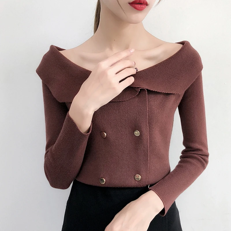 Осень-зима новое слово воротник Off-the-shoulder пикантные свитер женский сладкий