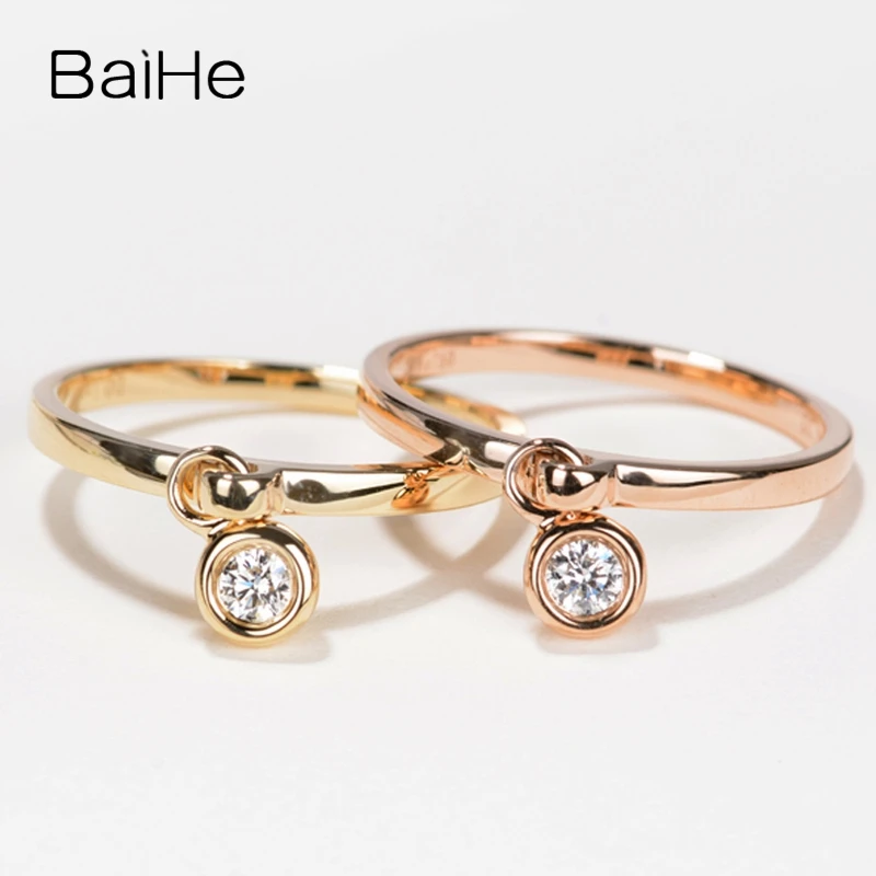 BAIHE Твердое 14 к желтое золото 0.10ct круглый Сертифицированный H/SI круглый натуральный бриллиант обручальное кольцо для женщин Мода Ювелирные украшения подарок кольцо