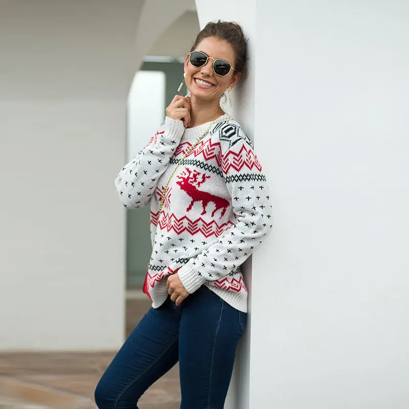 Winter Women Christmas Sweater O-Neck Animal Deer And Snow Printing Knitting Long Sleeve Casual Pullover Lady Sweaters | Женская одежда