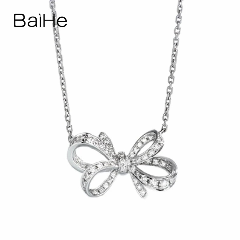 

BAIHE Solid 18K White/Rose/Yellow Gold 0.16ct H/SI Natural Diamond Bowknot Necklace Women Wedding Gift Fine Jewelry Collar lazo