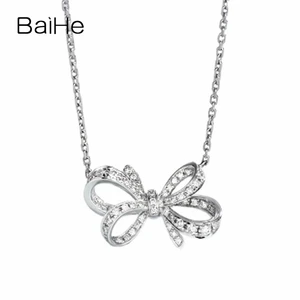 BAIHE Solid 18K White/Rose/Yellow Gold 0.16ct H/SI Natural Diamond Bowknot Necklace Women Wedding Gift Fine Jewelry Collar lazo