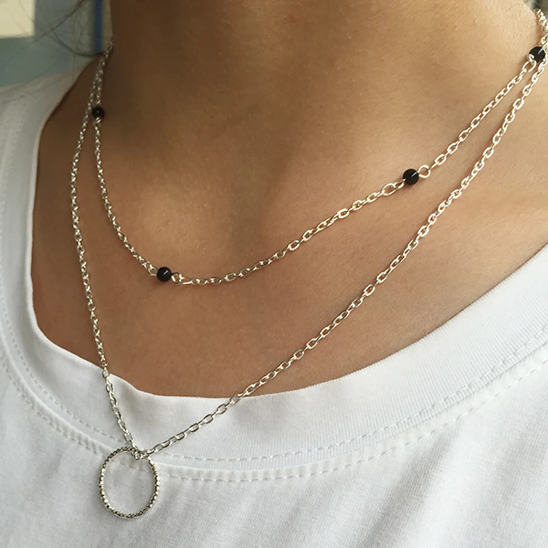 present 2018 New Popular black beads Pendant round circle Clavicle Chain Necklace Women's Delicate Banquet Jewelry |