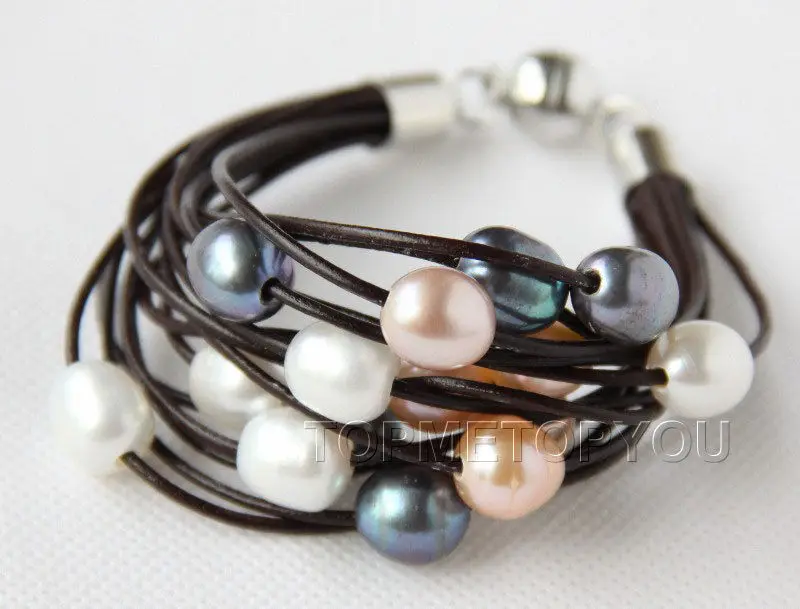 free shipping Bridal Wedding Jewelry &gt&gtWOW 15Strands white pink black pearls wine red leather bracelet magnet | Украшения и