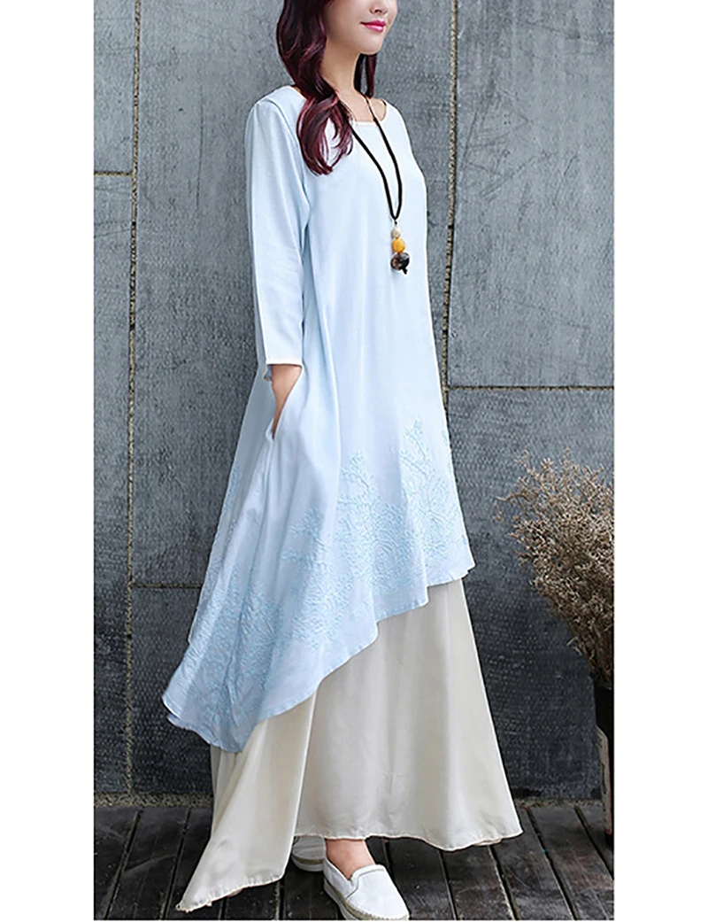 Loose large size female long dress Chinese style art Wrist Sleeved flax cotton and linen temperament Embroidery O-Neck dresses | Женская