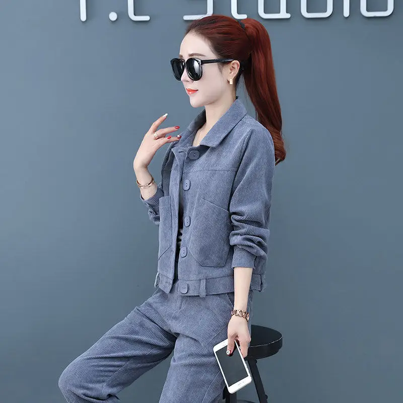 gray women sets Женские комплекты, Женская куртка и брюки, Вельветовая Женская одежда, топы и брюки, корейский стиль, тонкая весенняя/осенняя одежда - Цвет: gray women sets