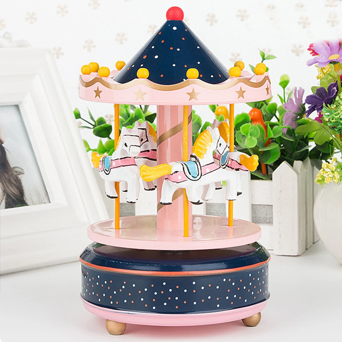 Веселая круглая деревянная музыкальная шкатулка декор карусель лошадь