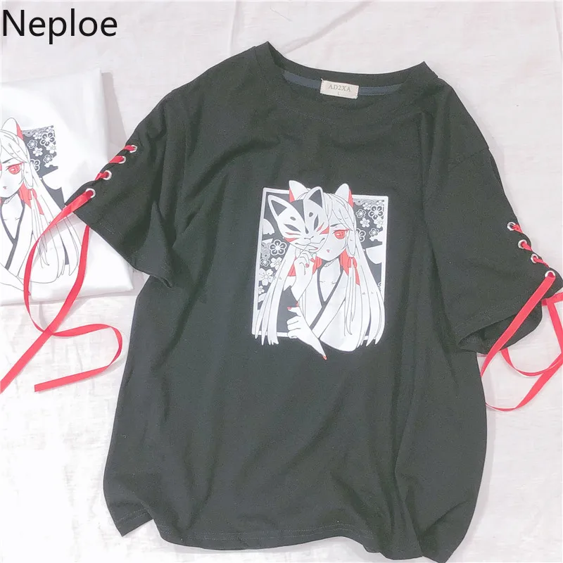 Neploe мультфильм японский Принт футболки 2019 короткий рукав Крест повязки на