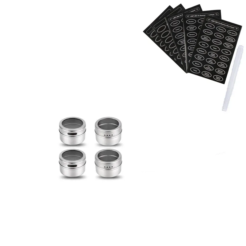 4 pcs LMETJMA Магнитные Банки для специй с русскими этикетками для специй из нержавеющей стали Магнитные Банки для специй набор магнитных на холодильник KC0241 - Цвет: 4 pcs