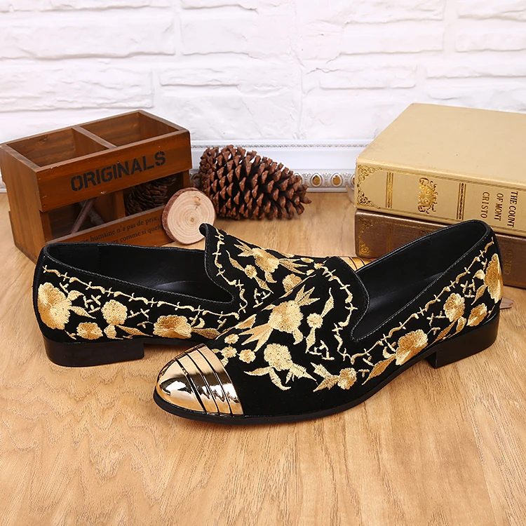Spring Autumn vogue Black Suede Gold Embroidery Male Loafers Outdoor Causal Flat Mens Shoes Metal Round Toe Slip On Men | Обувь