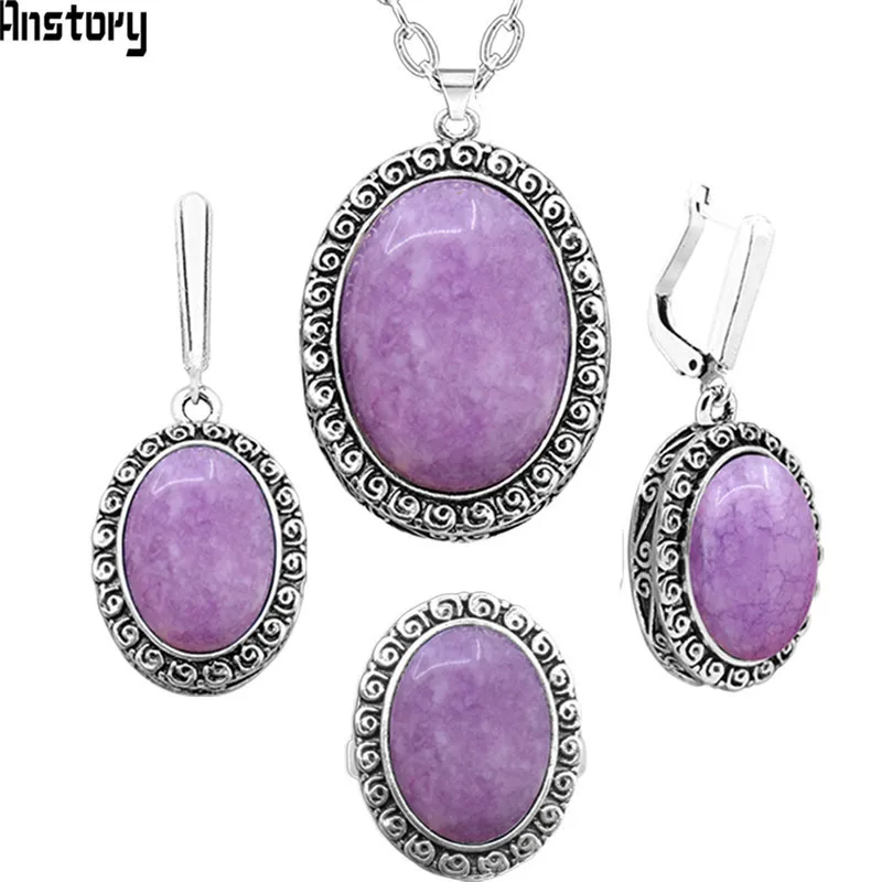 Natural Purple Stone Jewelry Sets Vintage Necklace Earrings Ring For Women Flower Pendant Fashion Party Jewelry|Ювелирные наборы| |