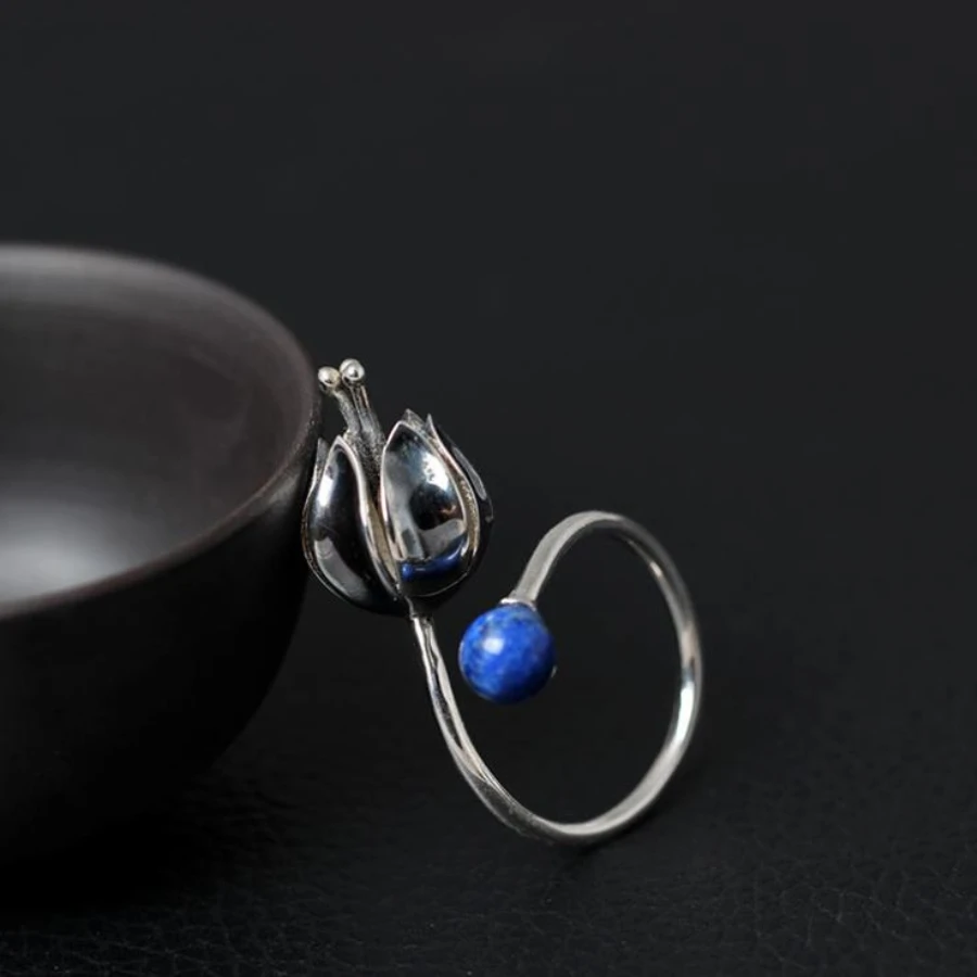 Античный Кольца из стерлингового серебра 925 бутон цветка открытое женское кольцо