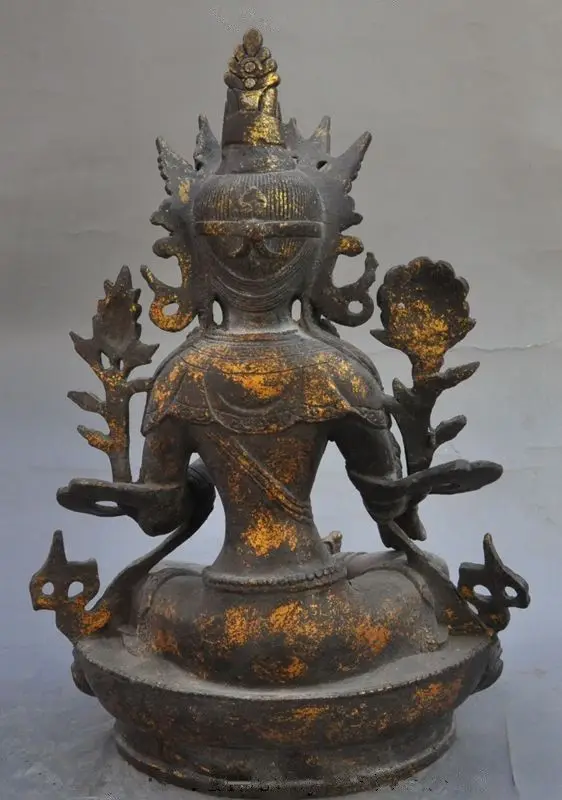 Старая тибетская медная позолоченная Джосс Зеленая Тара Кван-Инь Гуань Инь