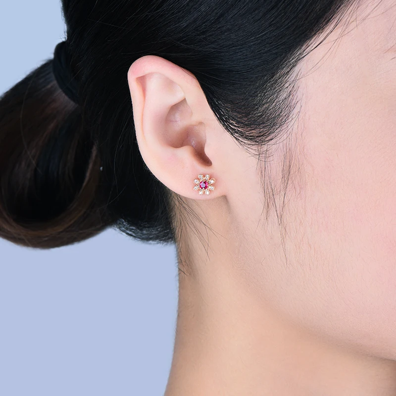 LOVERJEWELRY, трендовые серьги в цветочек, 18 К, розовое золото, подлинный красный рубин, бриллиант, свадебные серьги для женщин, юбилей, хорошее ювелирное изделие
