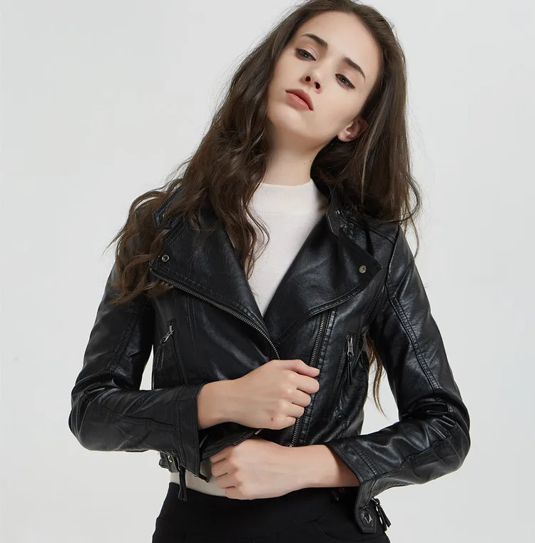 

Queechalle Autumn Winter Short Faux Leather Jackets Women Fashion Zipper Moto PU Leather Jacket Ladies Basic Street Coat Black