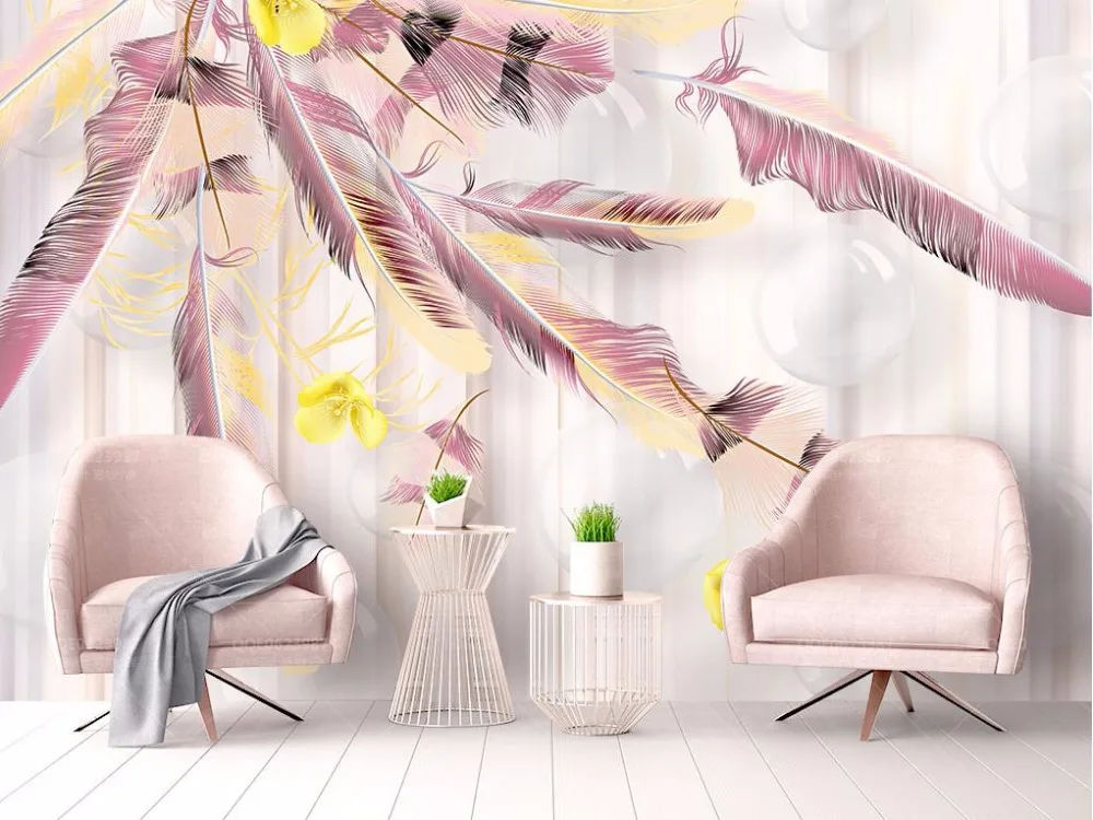 Современные короткие фото обои Креативные с перьями для стен 3 D Розовые Обои