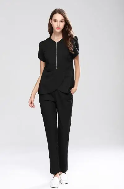 black Новая мода Slim Fit Spa медицинские наборы для скраба женский салон красоты стоматологическая клиника спецодежда униформа на молнии дизайн медицинский Халат - Цвет: black