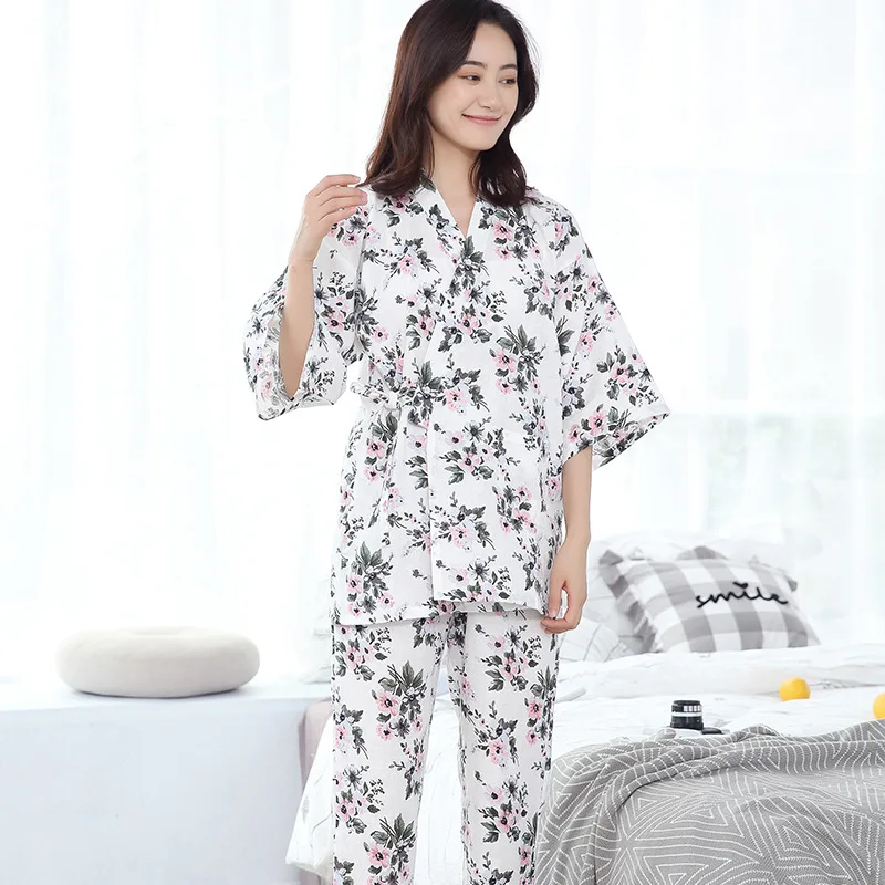 

100% Cotton Kimono Pajama Japanese Women's Gauze Thin Pijama Mujer V-Neck Women Pajamas Set Three Quarter Pyjamas Home Clothes