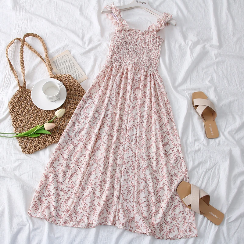 SKOONHEID Цветочные Ruched длинное платье Для женщин Повседневное корейский ремень