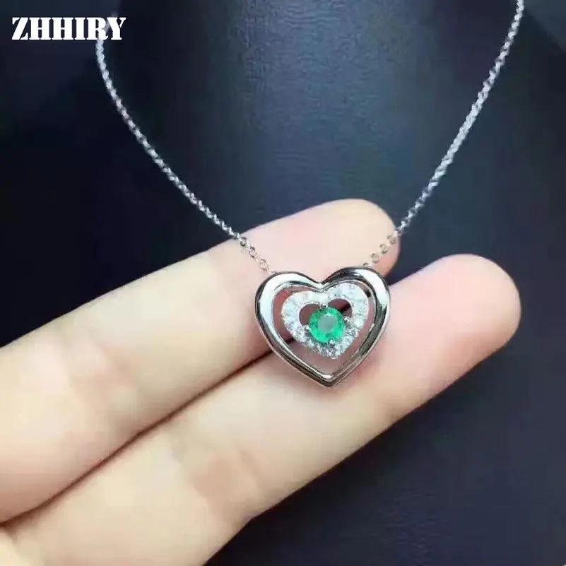 Zhhiry натуральный Изумрудное Ожерелье Подвеска подлинное серебро 925 пробы для женщин в форме сердца настоящий драгоценный камень ювелирные изделия