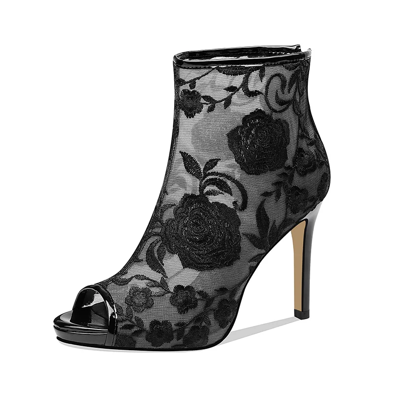 

2019 Top Quality Sexy Thin High Heels Zipper Mesh Summer Boots Women's Peep Toe Embroidery Flowers Ankle Boots Shoe Buty Damskie